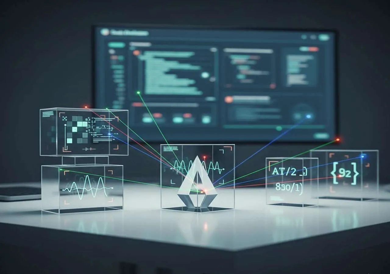 3D digital cubes with glowing data annotation, soundwaves, and code in a futuristic interface.