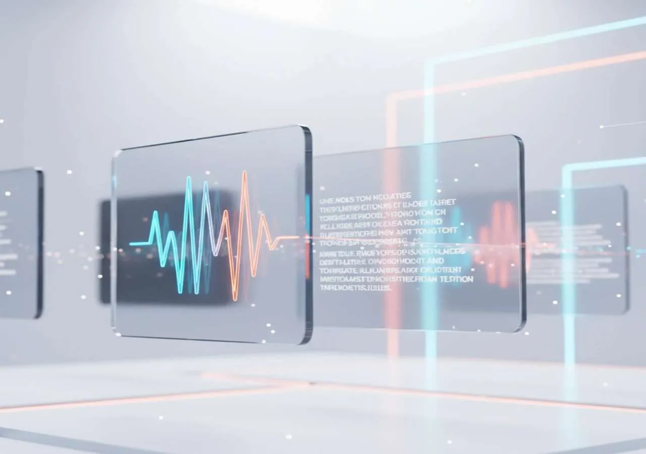 Futuristic panels with glowing soundwaves and digital text on a light background.